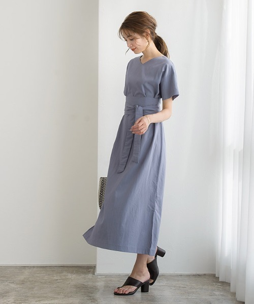 リネン風サッシュベルト付きワンピース