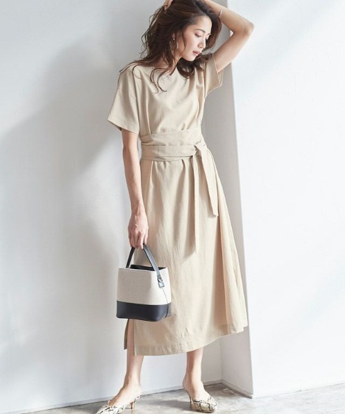 リネン風サッシュベルト付きワンピース