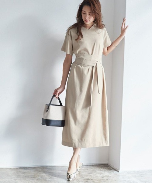 リネン風サッシュベルト付きワンピース