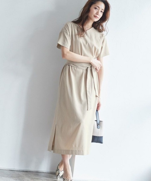 リネン風サッシュベルト付きワンピース