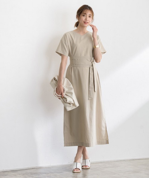 リネン風サッシュベルト付きワンピース