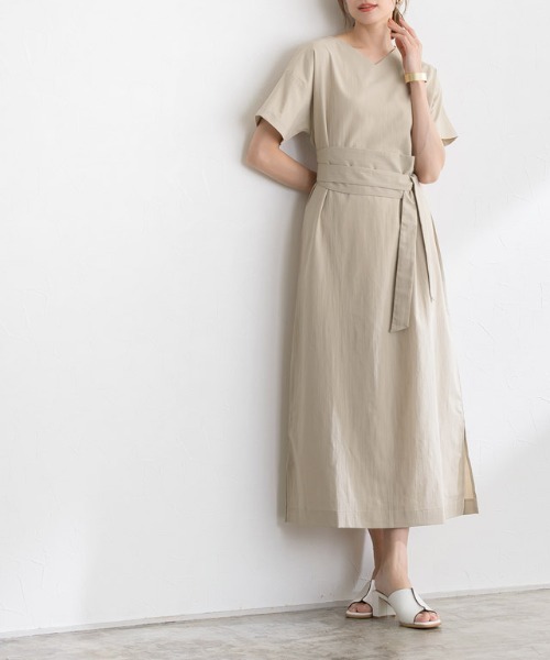 リネン風サッシュベルト付きワンピース