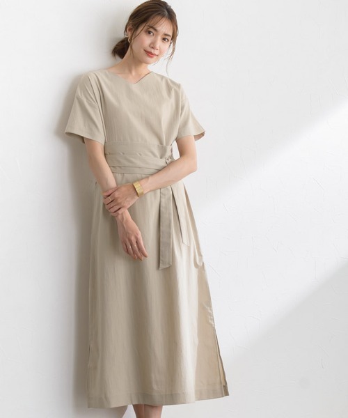 リネン風サッシュベルト付きワンピース