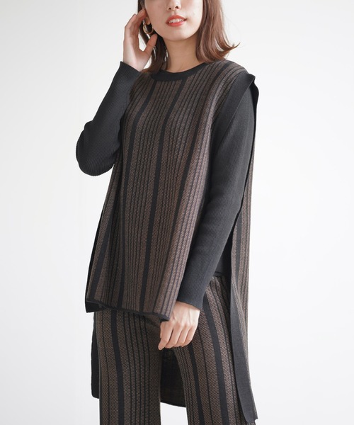 rps(アールピーエス)の「ストライプ柄ニットベスト(ベスト・レディース・ブラウン/杢グレー・M)」の1枚目の写真