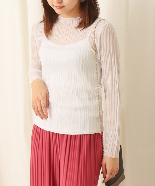 libelle more(リベル モア)の「ビスコース混光沢シアーランダムリブ+ボードレーキャミ セット(Tシャツ/カットソー・レディース・オフホワイト/ブラック/ライトベージュ/ライトピンク/シルバー・M/L)」の1枚目の写真