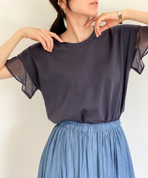 ottilie(オティーリエ)の「袖チュールTシャツ(Tシャツ/カットソー・レディース・チャコールグレー/ブラック/オフホワイト/ミント・FREE)」の8枚目の写真