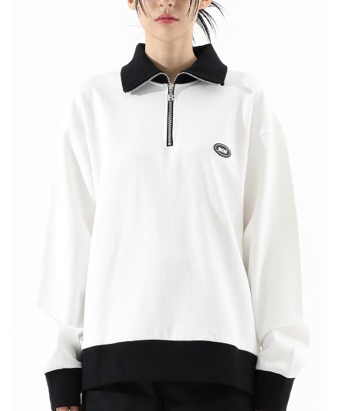 BASIC COTTON（ベーシックコットン）の「A'GEM/9 × .kom『BASIC COTTON/ベーシックコットン』BCN zip-up MTM/ベーシック ジップアップ スウェットシャツ プルーオーバー（スウェット・レディース・ホワイト/ブラック/A・FREE）」の2枚目の写真