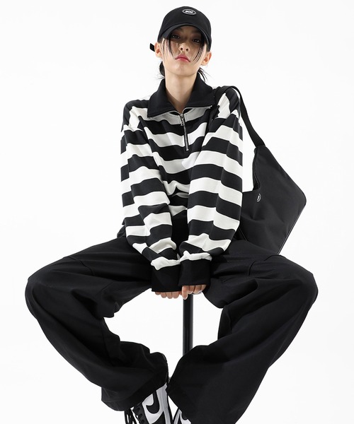 BASIC COTTON（ベーシックコットン）の「A'GEM/9 × .kom『BASIC COTTON/ベーシックコットン』BCN zip-up MTM/ベーシック ジップアップ スウェットシャツ プルーオーバー（スウェット・レディース・ホワイト/ブラック/A・FREE）」の7枚目の写真