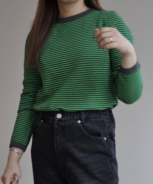 CPCM（シーピーシーエム）の「ボーダーリンガーロンT（Tシャツ/カットソー・レディース・ブラック/ピンク/ブルー/グリーン・FREE）」の5枚目の写真