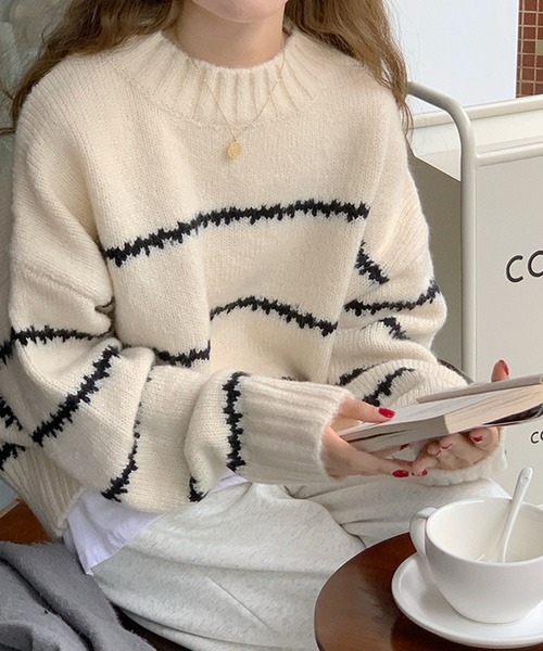 aimoha（アイモハ）の「ゆったりニットセーター（ニット/セーター・レディース・ホワイト/ブラック・FREE）」の5枚目の写真