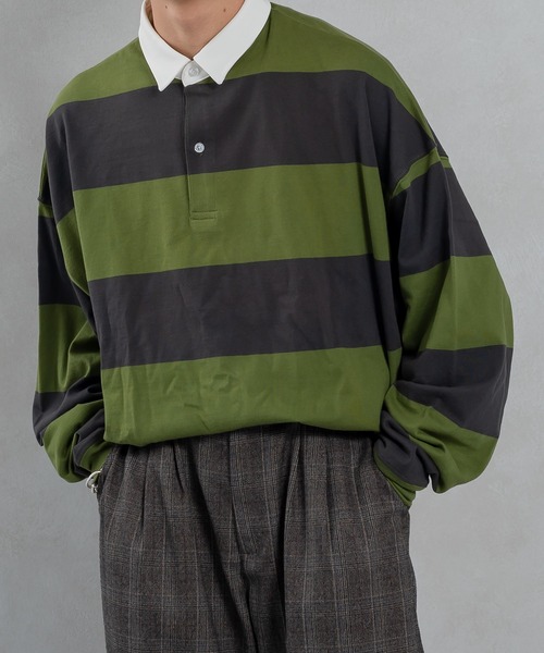 kutir(クティール)の「ショートレングスボーダーラガーシャツ(ポロシャツ・メンズ・グリーン/ライトブルー/ブラック・MEDIUM/LARGE)」の1枚目の写真