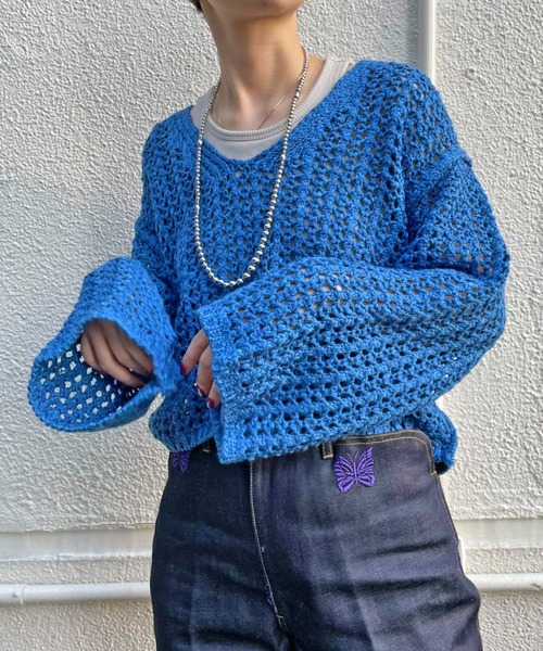 CIAOPANIC（チャオパニック）の「透かし編みショートニットプルオーバー（ニット/セーター・レディース・アイボリー/オレンジ/ブルー・FREE）」の10枚目の写真