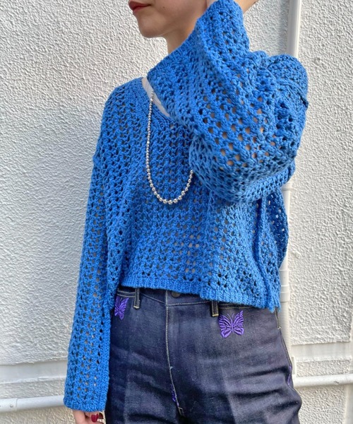 CIAOPANIC（チャオパニック）の「透かし編みショートニットプルオーバー（ニット/セーター・レディース・アイボリー/オレンジ/ブルー・FREE）」の9枚目の写真