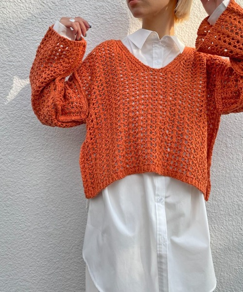 CIAOPANIC（チャオパニック）の「透かし編みショートニットプルオーバー（ニット/セーター・レディース・アイボリー/オレンジ/ブルー・FREE）」の15枚目の写真