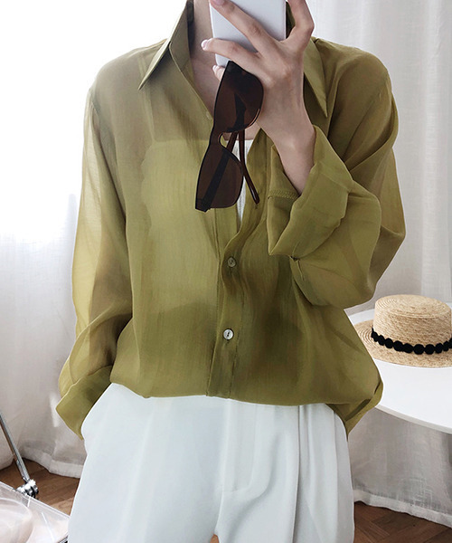 c.u.l（シーユーエル）の「【c.u.l:w】無地カラーシアーシャツ culw164（シャツ/ブラウス・レディース・オリーブ/ライトベージュ/ホワイト/ダークパープル・M/L）」の5枚目の写真