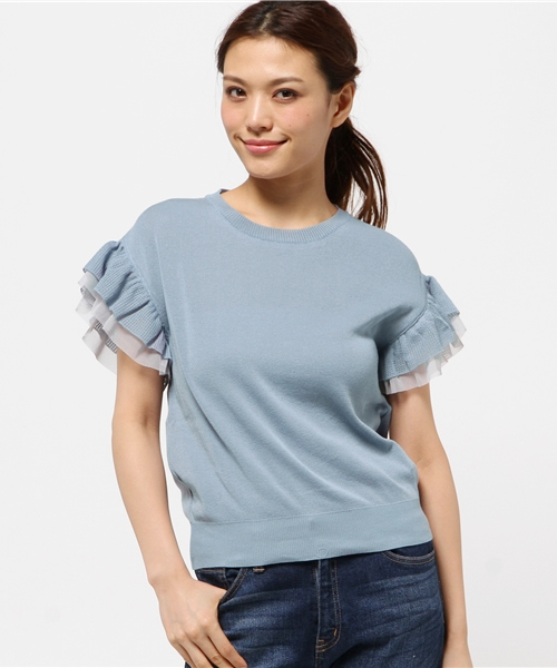 Ray BEAMS（レイビームス）の「Ray BEAMS / フリル チュールスリーブ クルーネック（ニット/セーター・レディース・ホワイト/サックスブルー/ネイビー・ONE SIZE）」の3枚目の写真