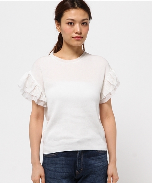 Ray BEAMS（レイビームス）の「Ray BEAMS / フリル チュールスリーブ クルーネック（ニット/セーター・レディース・ホワイト/サックスブルー/ネイビー・ONE SIZE）」の4枚目の写真