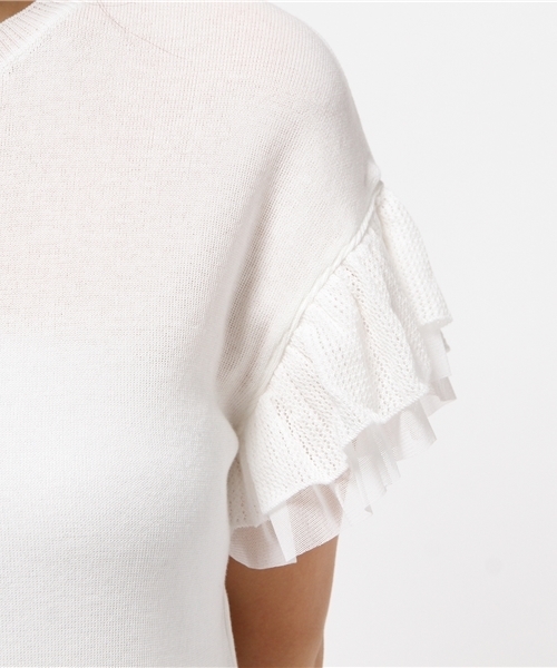 Ray BEAMS（レイビームス）の「Ray BEAMS / フリル チュールスリーブ クルーネック（ニット/セーター・レディース・ホワイト/サックスブルー/ネイビー・ONE SIZE）」の8枚目の写真