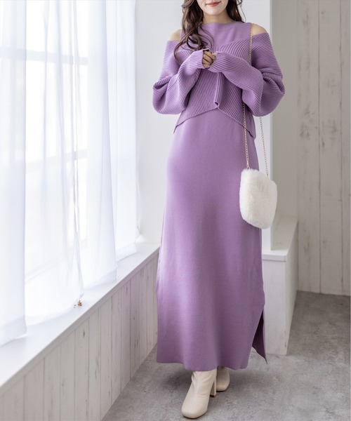 clear(クリア)の「レイヤードニットワンピース(ワンピース・レディース・ピンク/アイボリー/ラベンダー・F)」の2枚目の写真