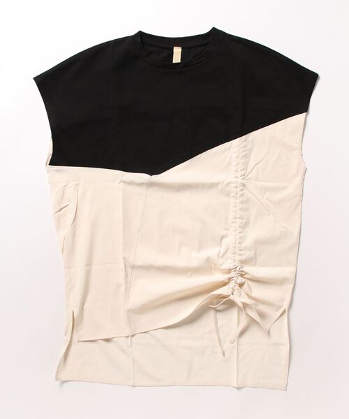 Q（キュー）の「異素材サイドドロストトップス（Tシャツ/カットソー・レディース・アイボリー/ブラック・MEDIUM）」の4枚目の写真