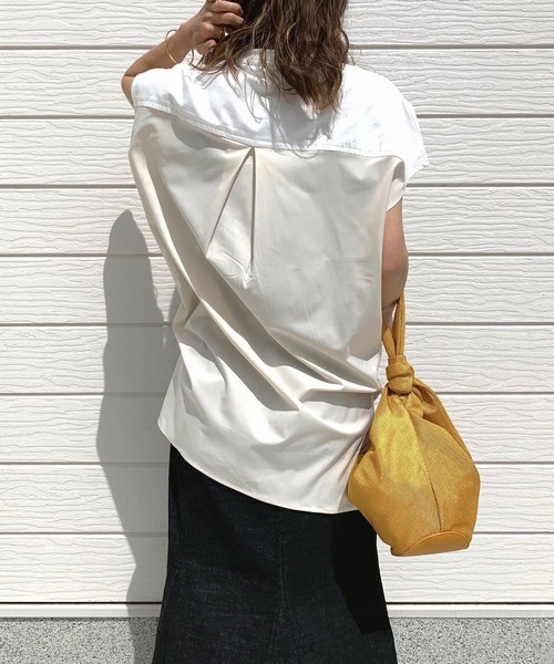 Q（キュー）の「異素材サイドドロストトップス（Tシャツ/カットソー・レディース・アイボリー/ブラック・MEDIUM）」の7枚目の写真