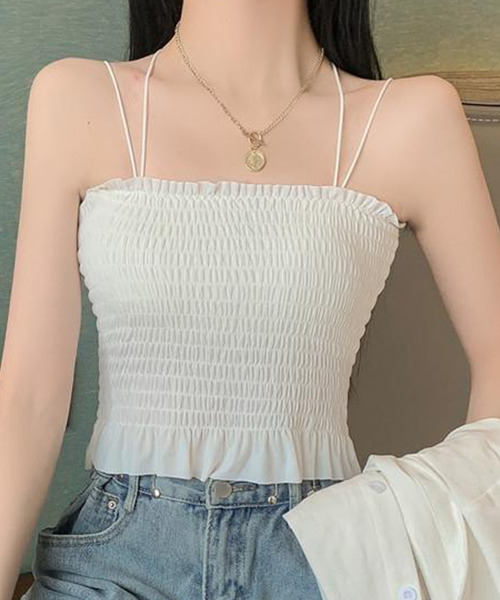 DAY CLOSET（デイ クローゼット）の「【カップ付き/パッド入れ替えOK】ダブルストラップ バッククロス シャーリング キャミソール レディース（キャミソール・レディース・ホワイト/ブラック/スモークピンク/グレー系その他・M）」の2枚目の写真