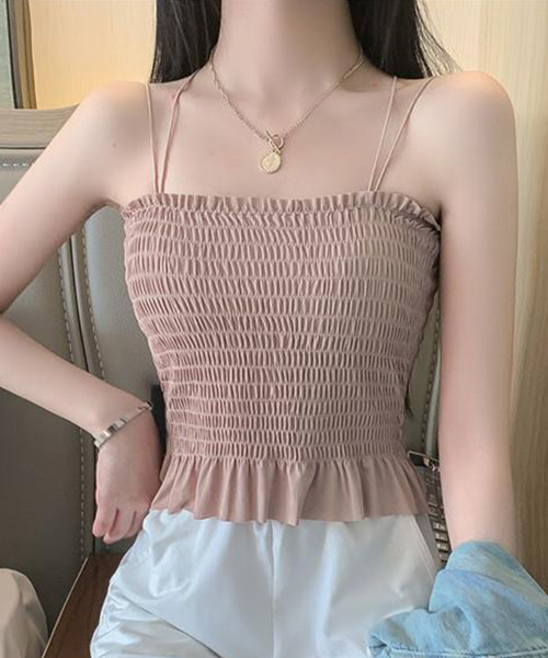 DAY CLOSET（デイ クローゼット）の「【カップ付き/パッド入れ替えOK】ダブルストラップ バッククロス シャーリング キャミソール レディース（キャミソール・レディース・ホワイト/ブラック/スモークピンク/グレー系その他・M）」の4枚目の写真