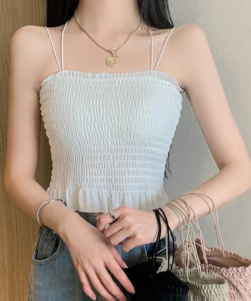 DAY CLOSET（デイ クローゼット）の「【カップ付き/パッド入れ替えOK】ダブルストラップ バッククロス シャーリング キャミソール レディース（キャミソール・レディース・ホワイト/ブラック/スモークピンク/グレー系その他・M）」の8枚目の写真