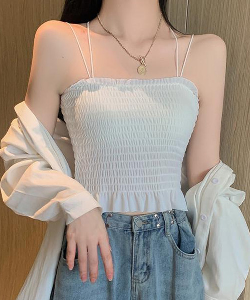 DAY CLOSET（デイ クローゼット）の「【カップ付き/パッド入れ替えOK】ダブルストラップ バッククロス シャーリング キャミソール レディース（キャミソール・レディース・ホワイト/ブラック/スモークピンク/グレー系その他・M）」の11枚目の写真