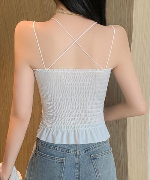 DAY CLOSET（デイ クローゼット）の「【カップ付き/パッド入れ替えOK】ダブルストラップ バッククロス シャーリング キャミソール レディース（キャミソール・レディース・ホワイト/ブラック/スモークピンク/グレー系その他・M）」の13枚目の写真