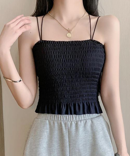 DAY CLOSET（デイ クローゼット）の「【カップ付き/パッド入れ替えOK】ダブルストラップ バッククロス シャーリング キャミソール レディース（キャミソール・レディース・ホワイト/ブラック/スモークピンク/グレー系その他・M）」の6枚目の写真