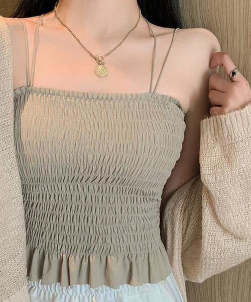 DAY CLOSET（デイ クローゼット）の「【カップ付き/パッド入れ替えOK】ダブルストラップ バッククロス シャーリング キャミソール レディース（キャミソール・レディース・ホワイト/ブラック/スモークピンク/グレー系その他・M）」の5枚目の写真