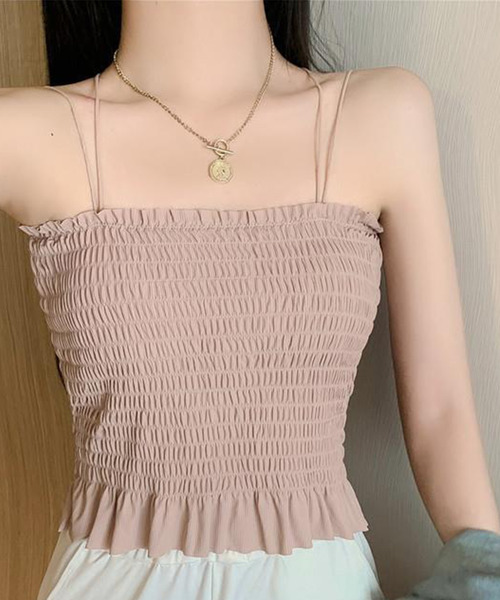 DAY CLOSET（デイ クローゼット）の「【カップ付き/パッド入れ替えOK】ダブルストラップ バッククロス シャーリング キャミソール レディース（キャミソール・レディース・ホワイト/ブラック/スモークピンク/グレー系その他・M）」の7枚目の写真