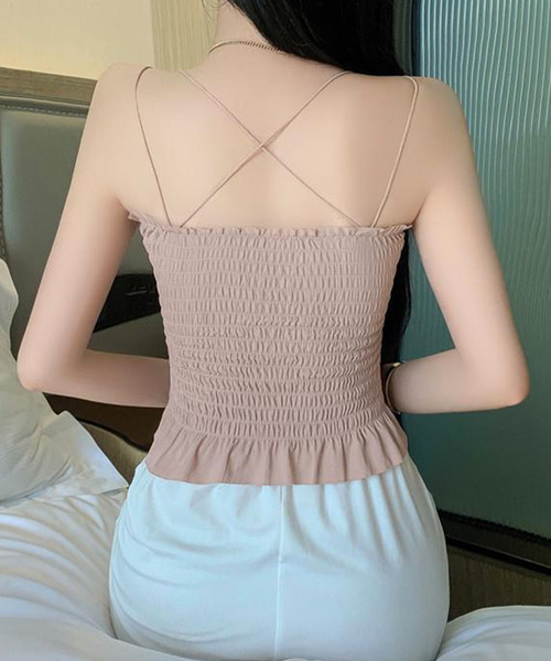 DAY CLOSET（デイ クローゼット）の「【カップ付き/パッド入れ替えOK】ダブルストラップ バッククロス シャーリング キャミソール レディース（キャミソール・レディース・ホワイト/ブラック/スモークピンク/グレー系その他・M）」の10枚目の写真