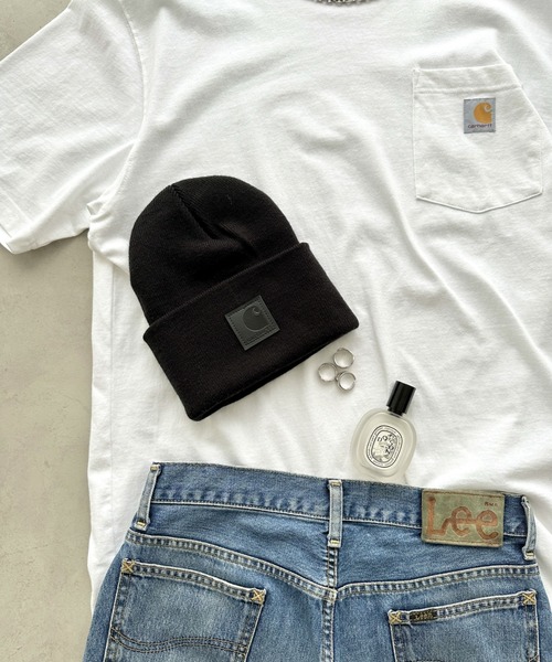 US限定 カーハート ブラックレーベル レザーパッチ ビーニー Carhartt カーハート カフビーニー ワッチニット帽 : ONSPOTZ