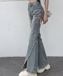 ★ POPPY ポピー　リボン　装飾　フリンジ　デニム　フレア　パンツ ☆ POPPY ポピー リボン 装飾 フリンジ デニム フレア パンツ