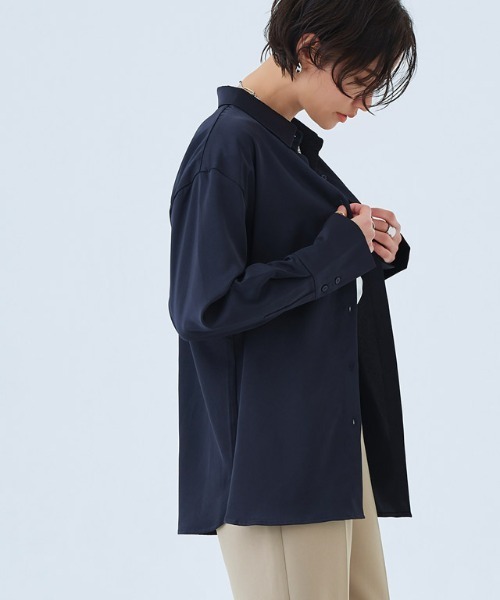 ラス RASW サテンベーシックシャツ （ネイビー） ラス RASW サテンベーシックシャツ （ネイビー） - ファッション