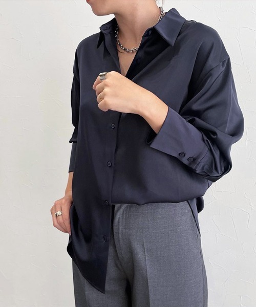 ラス RASW サテンベーシックシャツ （ネイビー） ラス RASW サテンベーシックシャツ （ネイビー） -ファッション