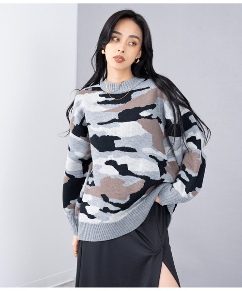 セール】カモフラ柄バルキーニットトップス（ニット/セーター