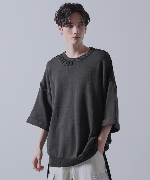 【CLEL】完売　ハンドステッチ 半袖サイドレースニット CLEL】Hand Stitched Short Sleeve Side Lace Knit /ハンド