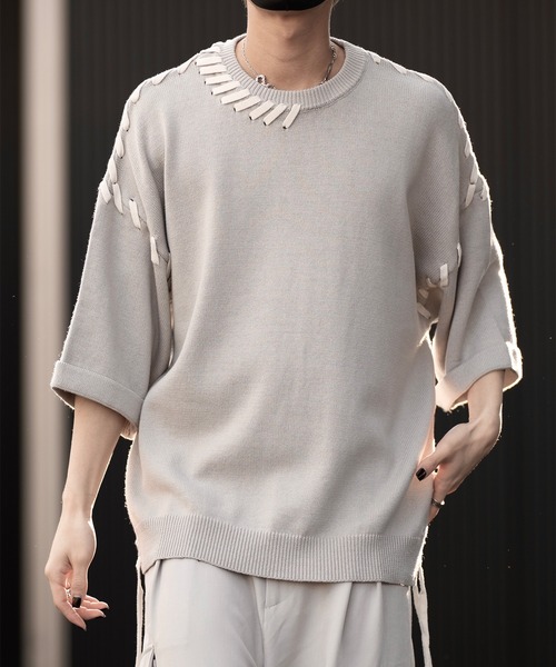 CLEL】Hand Stitched Short Sleeve Side Lace Knit /ハンド