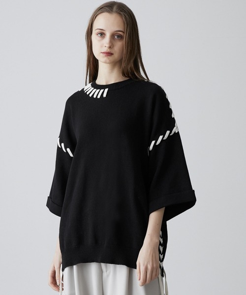 CLEL ハンドステッチサイドレースニット CLEL】Hand Stitched Short Sleeve Side Lace Knit /ハンド
