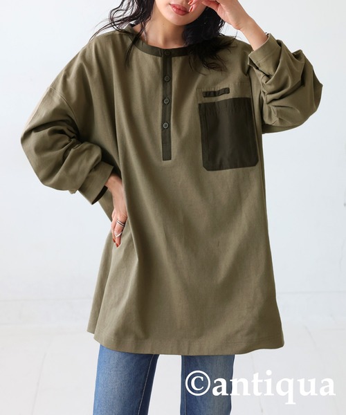 antiqua（アンティカ）の「ヘンリーデザインロンＴ（Tシャツ/カットソー・レディース・カーキ/ブラック/オフホワイト・FREE）」の3枚目の写真