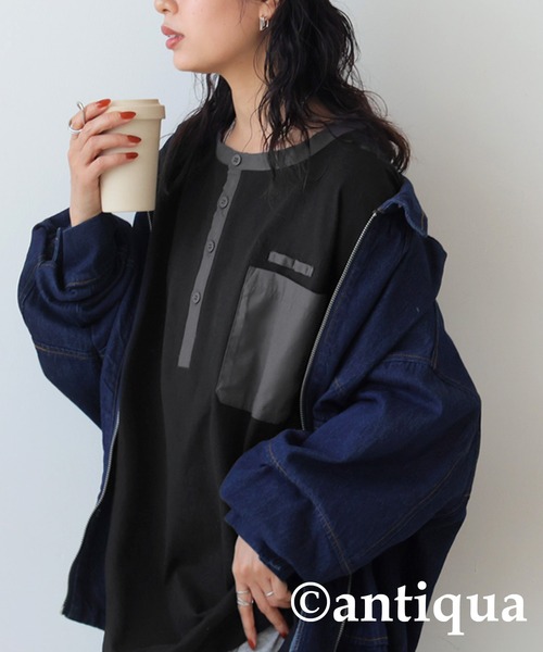 antiqua（アンティカ）の「ヘンリーデザインロンＴ（Tシャツ/カットソー・レディース・カーキ/ブラック/オフホワイト・FREE）」の14枚目の写真