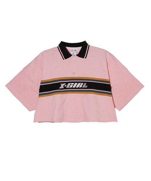 X-girl（エックスガール）の「STRIPE AND LOGO CROPPED POLO SHIRT（ポロシャツ・レディース・ブラック/ライトピンク/ホワイト・S/M）」の3枚目の写真