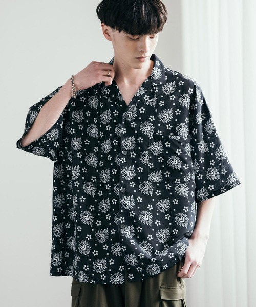 the king ロカビリー　シャツ　50's ザ　キング　総柄　開襟　ブラック 50s ダイヤ柄 黒 ボーリングシャツ キングルイ King Louie