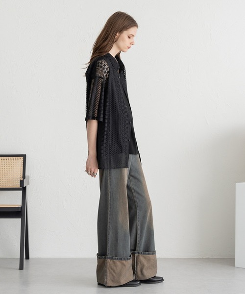 新品 FLOW LACE SHIRT レース シアー シャツ ONCILY シャツ FLOCKY LACE SHEER SHIRT / フロッキーレース