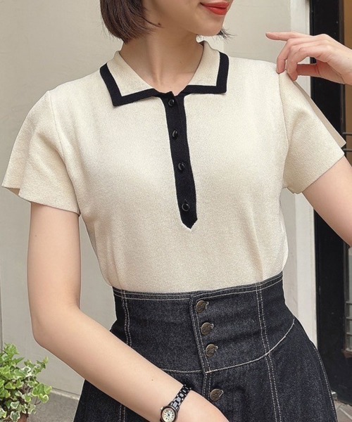 an another angelus（アンアナザーアンジェラス）の「配色ライン衿ニットポロ/ananotherangelus（ポロシャツ・レディース・ブラック/アイボリー/ライトピンク・FREE）」の2枚目の写真