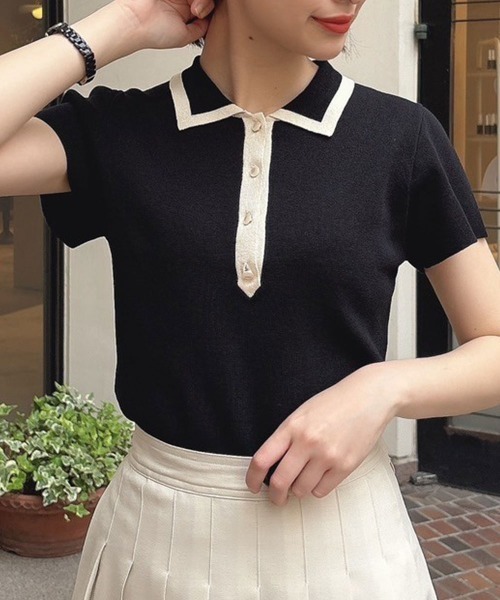 an another angelus（アンアナザーアンジェラス）の「配色ライン衿ニットポロ/ananotherangelus（ポロシャツ・レディース・ブラック/アイボリー/ライトピンク・FREE）」の3枚目の写真