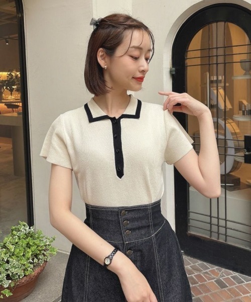 an another angelus（アンアナザーアンジェラス）の「配色ライン衿ニットポロ/ananotherangelus（ポロシャツ・レディース・ブラック/アイボリー/ライトピンク・FREE）」の12枚目の写真